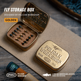 PWS Vintage Gold Fly Fishing Box - Portable Tinplate Tackle Case with Rigid EVA Insert, 15 Slots - Compact Pocket Size for Tenkara & Stream Fishing - Designed by Pelican Workshop