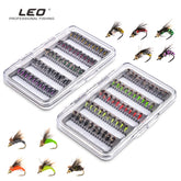 LEO 50Pcs Fly Fishing Flies Kit - 5 Vibrant Colors Hand-Tied Dry/Wet Flies Assortment with Slim Waterproof Fly Box - 9mm/9.5mm Lures for Trout, Bass, Panfish