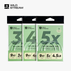 WILDSTREAM Nx Series Fly Fishing Tapered Leader - 9FT 3-Pack Knotless Nylon Leader with Pre-Looped Connector, High Strength & Abrasion Resistant (3X 4X 5X Available)