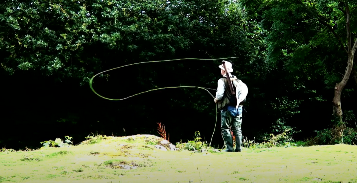 Angler casting a fly line beside a tree-lined stream.