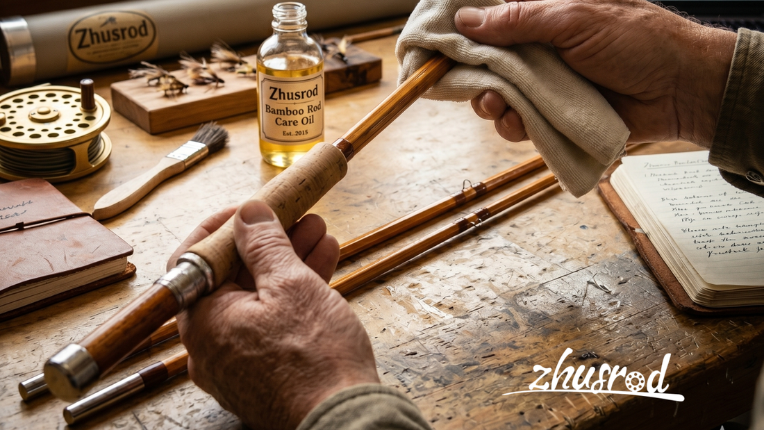 Hands wiping a bamboo fly rod with a cloth on a workbench.