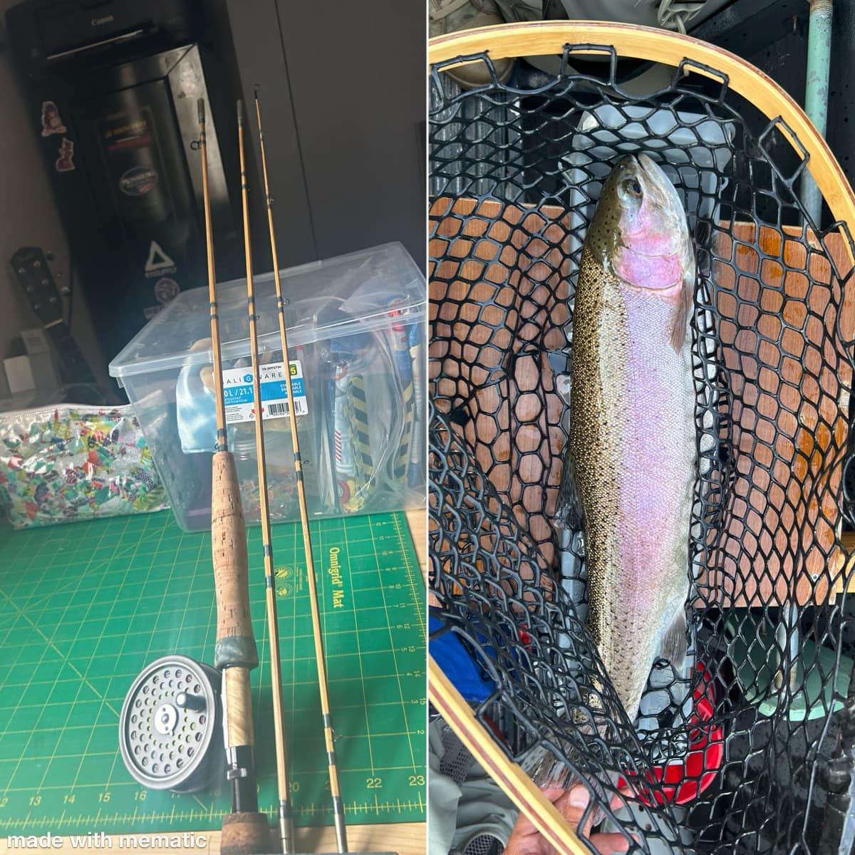 Bamboo rod components on a cutting mat beside a trout resting in a landing net.