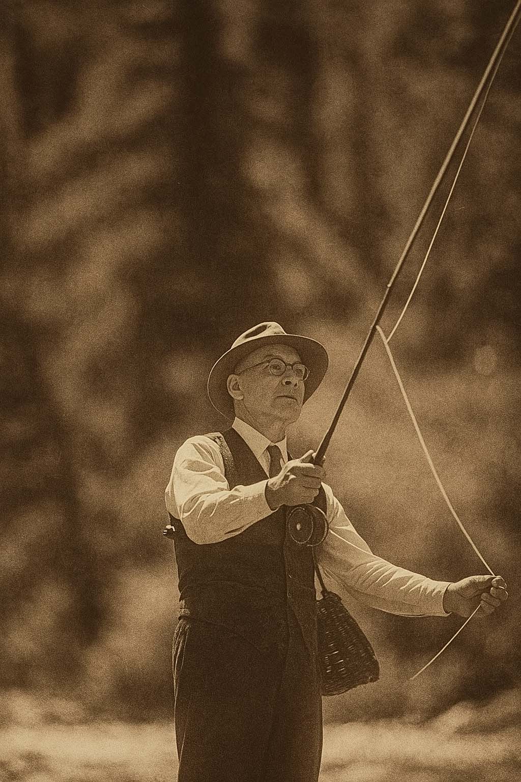 Sepia-toned image of an angler casting a fly rod.
