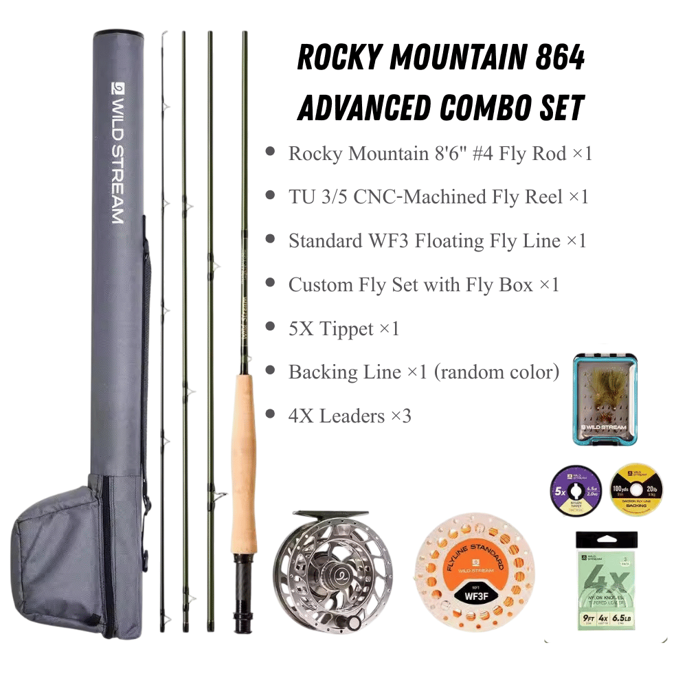 WILDSTREAM Rocky Mountain Fly Fishing Rod, 4-Piece Medium-Fast Action Fly Rod, 24T/30T Carbon Fiber Blank with PacBay Snake Guides & 3A Cork Handle (7ft-10ft, 3wt-12wt)