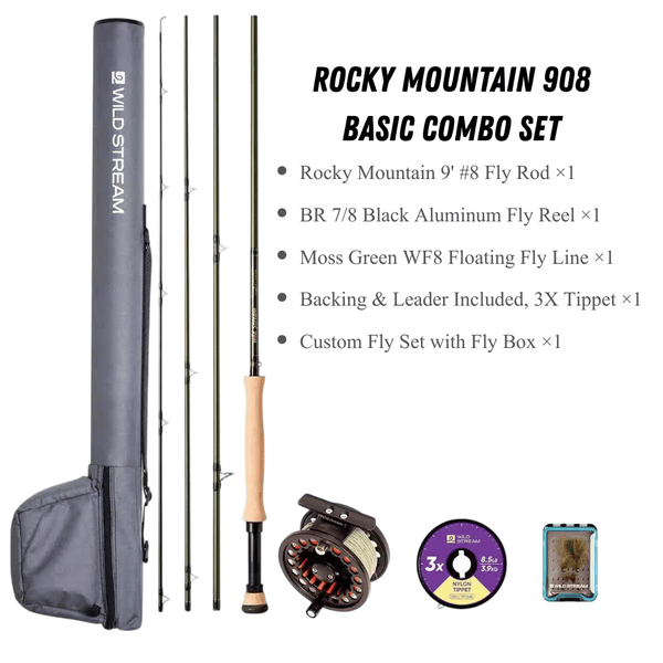 WILDSTREAM Rocky Mountain Fly Fishing Rod, 4-Piece Medium-Fast Action Fly Rod, 24T/30T Carbon Fiber Blank with PacBay Snake Guides & 3A Cork Handle (7ft-10ft, 3wt-12wt)