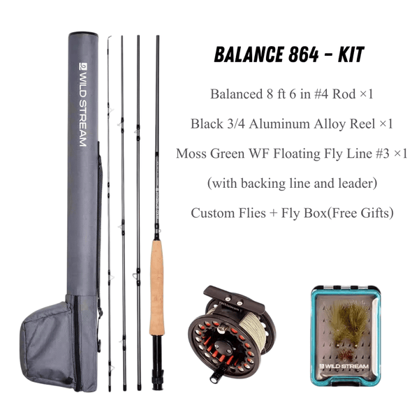 WILDSTREAM Balance Fly Fishing Rod and Reel Combo, 4-Piece 24T+30T Carbon Fiber Fly Rod, Fast Action, SIC Guide Rings, Grade 2A Cork Handle, Complete Starter Kit with Case & Flies (#3/#4/#5/#8 WT)