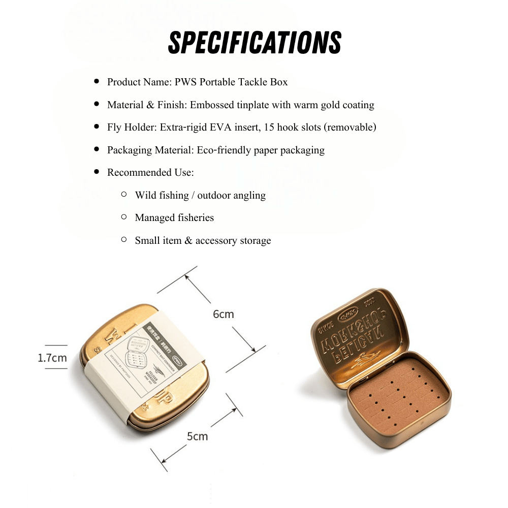 PWS Vintage Gold Fly Fishing Box - Portable Tinplate Tackle Case with Rigid EVA Insert, 15 Slots - Compact Pocket S | ZHUSROD