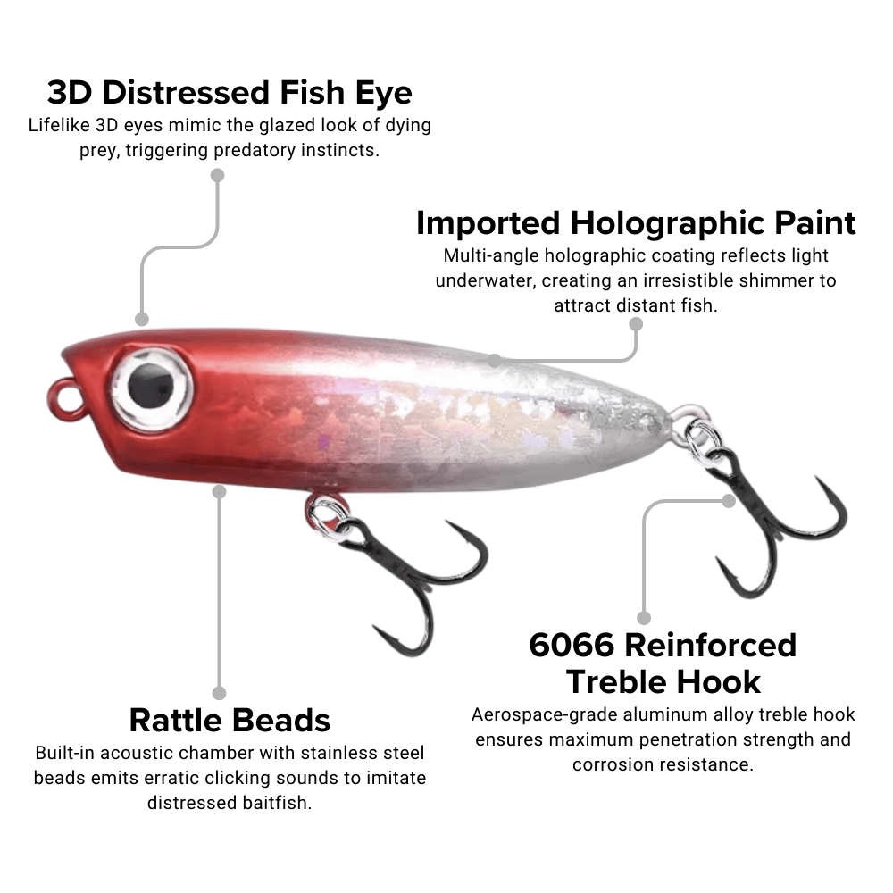Topwater Pencil Lure 1.77" 0.12oz Popper Zigzag Action 4X Strong Hook Trout Bass - Close-Up | ZHUSROD
