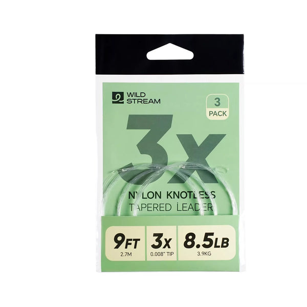 WILDSTREAM 9FT Fly Fishing Tapered Leader 3-Pack Knotless Nylon Pre-Looped 3X 4X 5X
