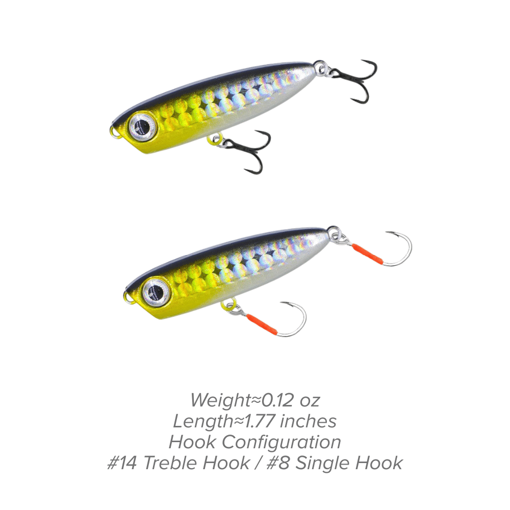 Topwater Pencil Lure 1.77" 0.12oz Popper Zigzag Action 4X Strong Hook Trout Bass - Setup View | ZHUSROD
