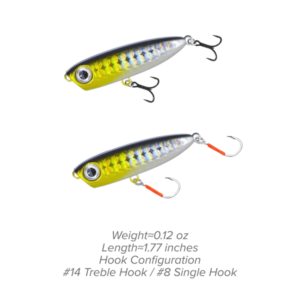 Topwater Pencil Lure 1.77" 0.12oz Popper Zigzag Action 4X Strong Hook Trout Bass - Setup View | ZHUSROD