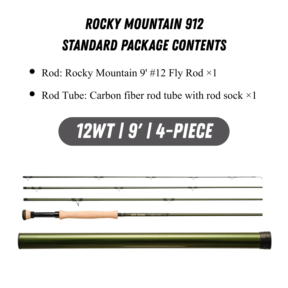 WILDSTREAM Rocky Mountain Fly Fishing Rod, 4-Piece Medium-Fast Action Fly Rod, 24T/30T Carbon Fiber Blank with PacBay Snake Guides & 3A Cork Handle (7ft-10ft, 3wt-12wt)