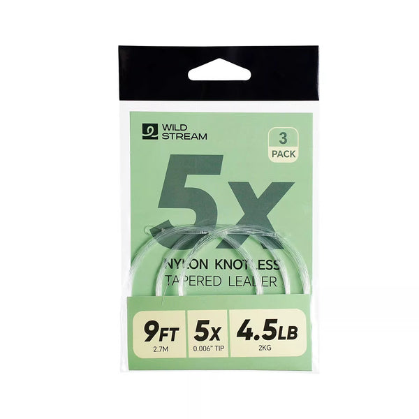 WILDSTREAM 9FT Fly Fishing Tapered Leader 3-Pack Knotless Nylon Pre-Looped 3X 4X 5X