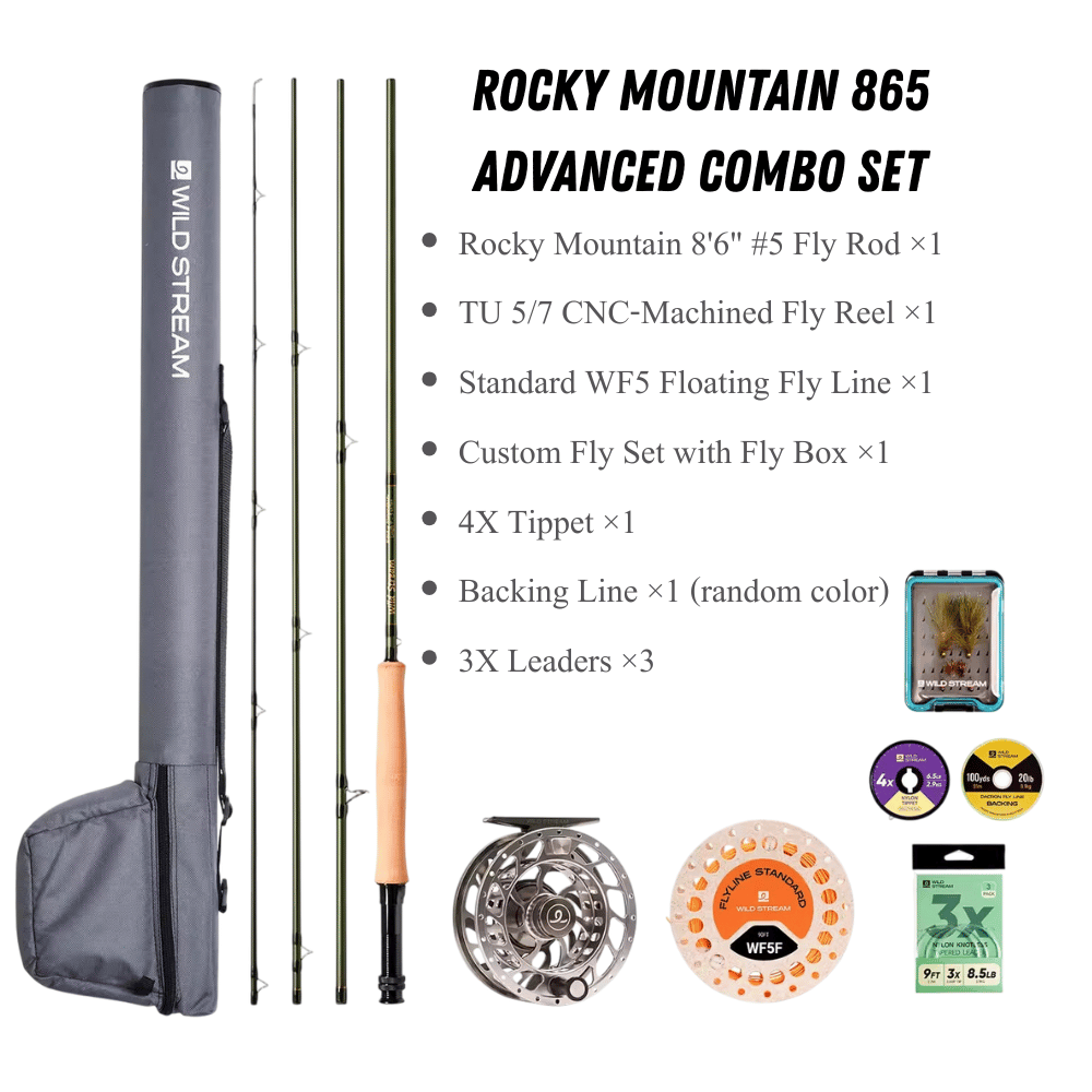 WILDSTREAM Rocky Mountain Fly Fishing Rod, 4-Piece Medium-Fast Action Fly Rod, 24T/30T Carbon Fiber Blank with PacBay Snake Guides & 3A Cork Handle (7ft-10ft, 3wt-12wt)