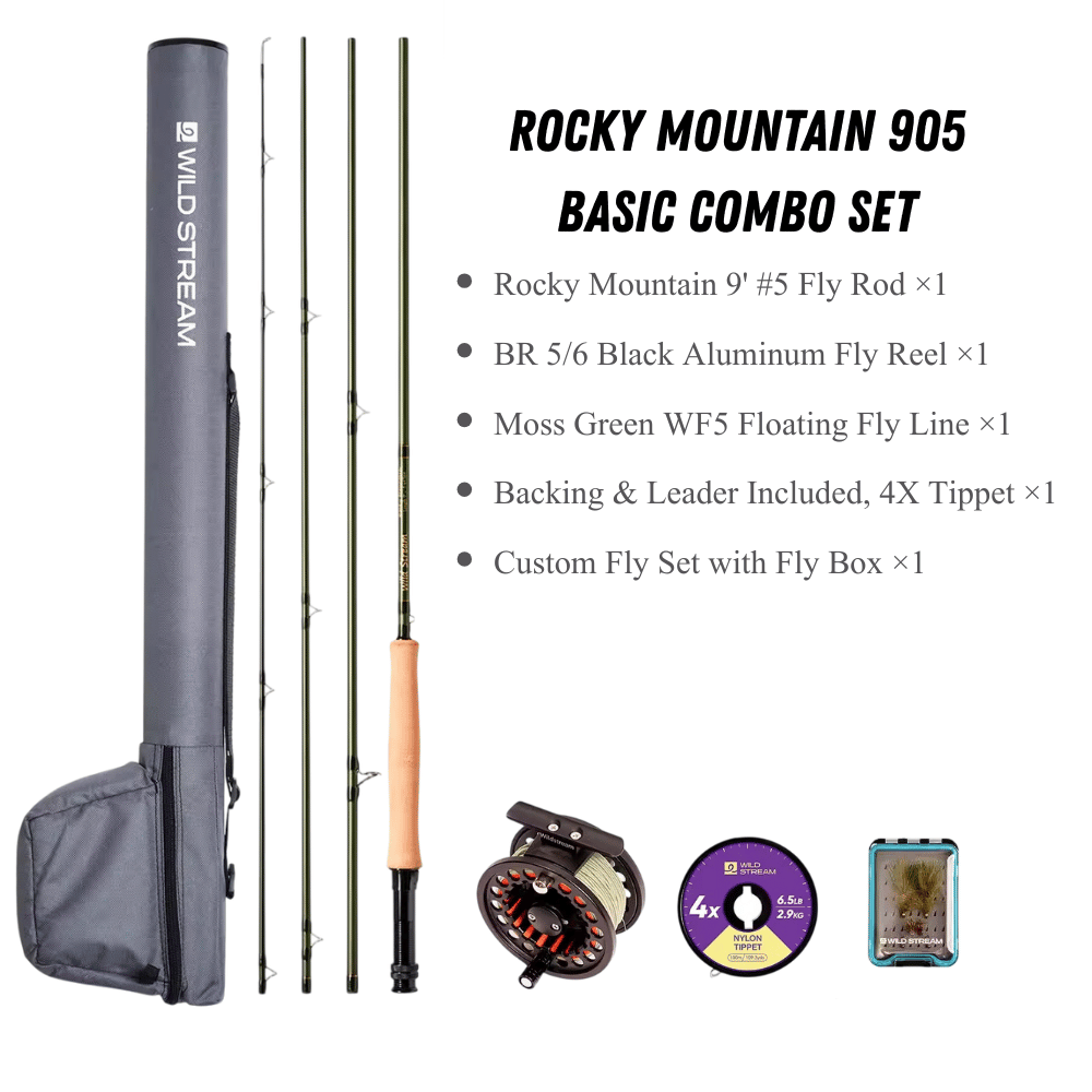 WILDSTREAM Rocky Mountain Fly Fishing Rod, 4-Piece Medium-Fast Action Fly Rod, 24T/30T Carbon Fiber Blank with PacBay Snake Guides & 3A Cork Handle (7ft-10ft, 3wt-12wt)