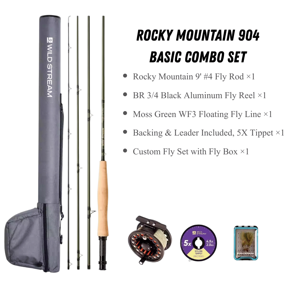 WILDSTREAM Rocky Mountain Fly Fishing Rod, 4-Piece Medium-Fast Action Fly Rod, 24T/30T Carbon Fiber Blank with PacBay Snake Guides & 3A Cork Handle (7ft-10ft, 3wt-12wt)