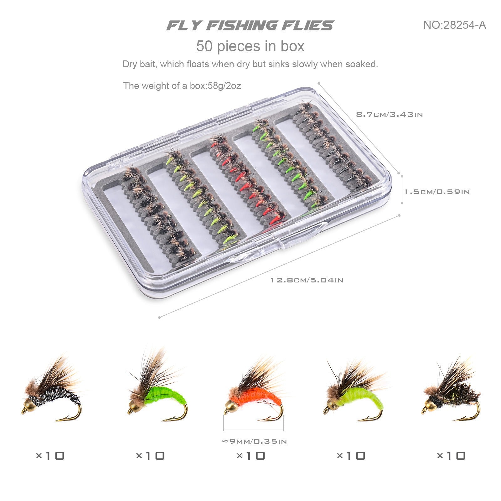 LEO 50Pcs Fly Fishing Flies Kit - 5 Vibrant Colors Hand-Tied Dry/Wet Flies Assortment with Slim Waterproof Fly Box | ZHUSROD