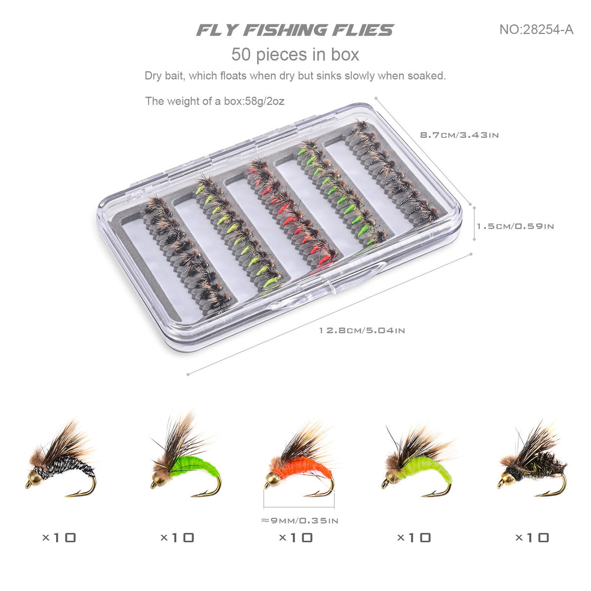 LEO 50Pcs Fly Fishing Flies Kit - 5 Vibrant Colors Hand-Tied Dry/Wet Flies Assortment with Slim Waterproof Fly Box | ZHUSROD