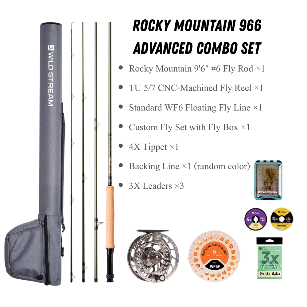WILDSTREAM Rocky Mountain Fly Fishing Rod, 4-Piece Medium-Fast Action Fly Rod, 24T/30T Carbon Fiber Blank with PacBay Snake Guides & 3A Cork Handle (7ft-10ft, 3wt-12wt)