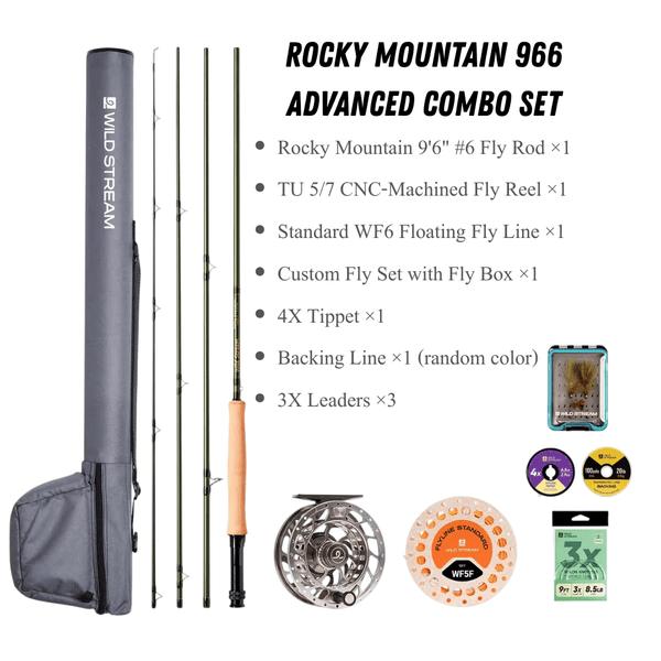 WILDSTREAM Rocky Mountain Fly Fishing Rod, 4-Piece Medium-Fast Action Fly Rod, 24T/30T Carbon Fiber Blank with PacBay Snake Guides & 3A Cork Handle (7ft-10ft, 3wt-12wt)