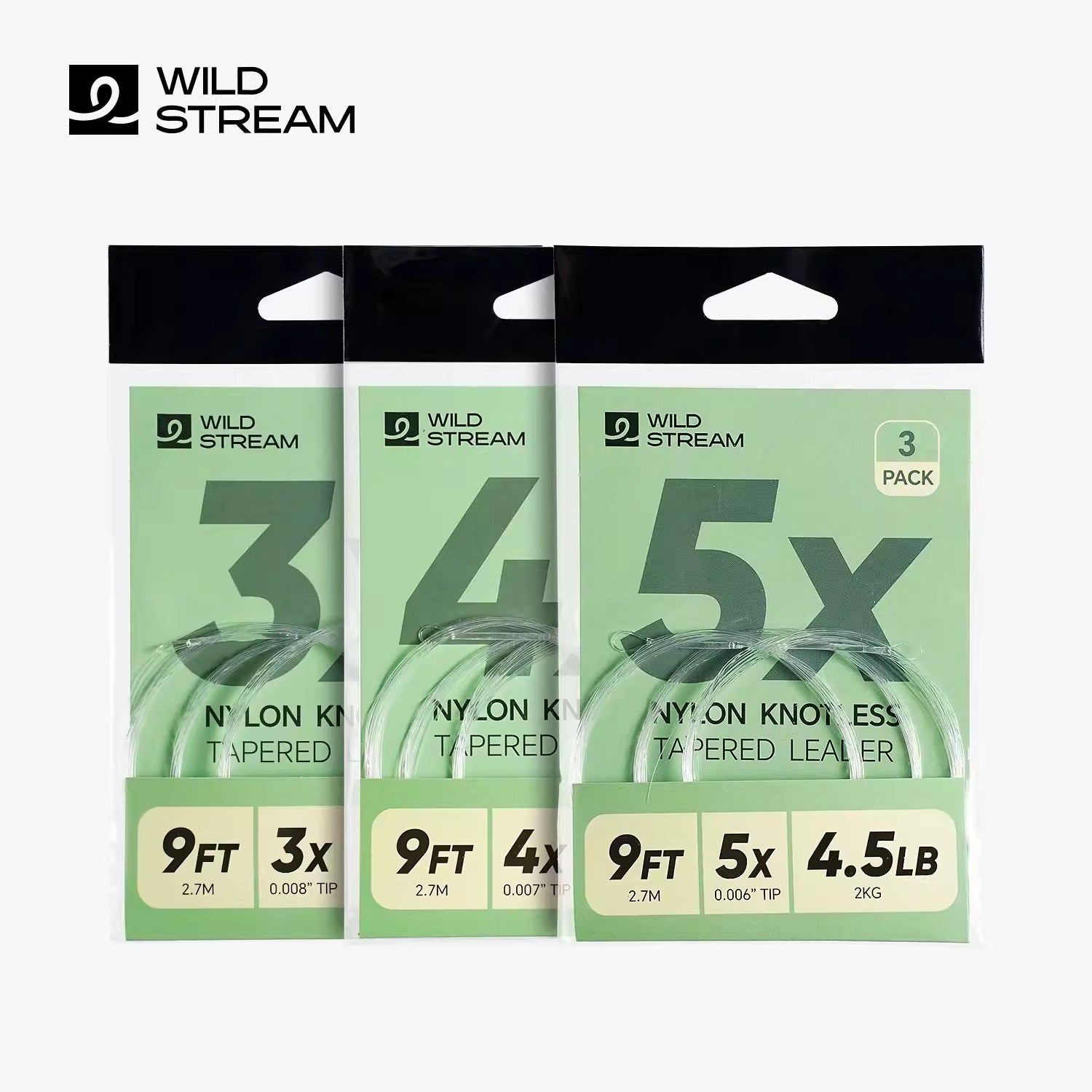WILDSTREAM 9FT Fly Fishing Tapered Leader 3-Pack Knotless Nylon Pre-Looped 3X 4X 5X | ZHUSROD Main image