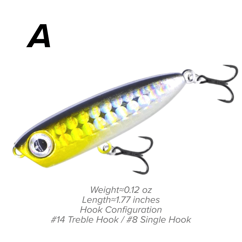 Topwater Pencil Lure 1.77" 0.12oz Popper Zigzag Action 4X Strong Hook Trout Bass - Full View | ZHUSROD