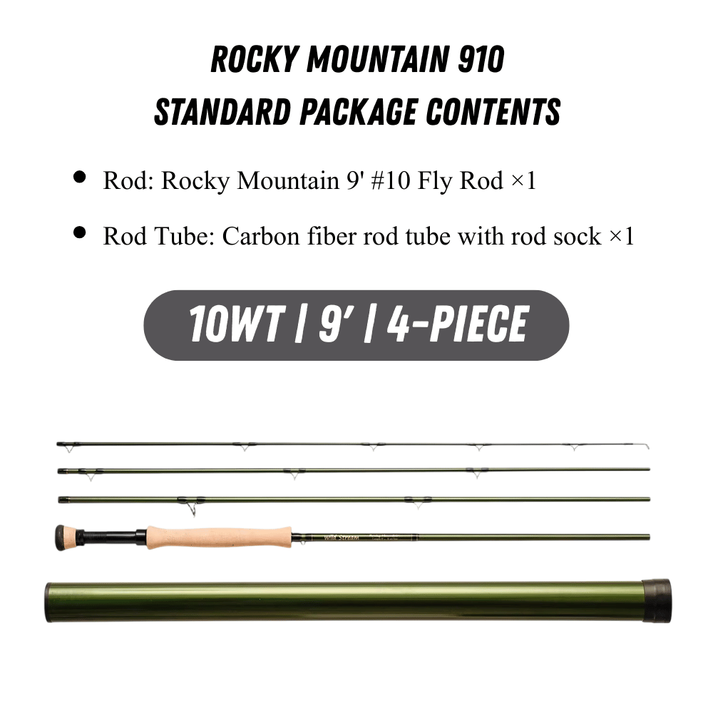 WILDSTREAM Rocky Mountain Fly Fishing Rod, 4-Piece Medium-Fast Action Fly Rod, 24T/30T Carbon Fiber Blank with PacBay Snake Guides & 3A Cork Handle (7ft-10ft, 3wt-12wt)