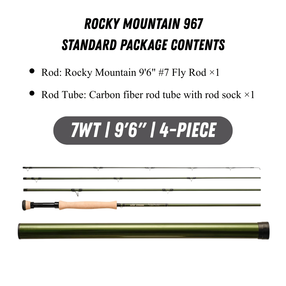 WILDSTREAM Rocky Mountain Fly Fishing Rod, 4-Piece Medium-Fast Action Fly Rod, 24T/30T Carbon Fiber Blank with PacBay Snake Guides & 3A Cork Handle (7ft-10ft, 3wt-12wt)