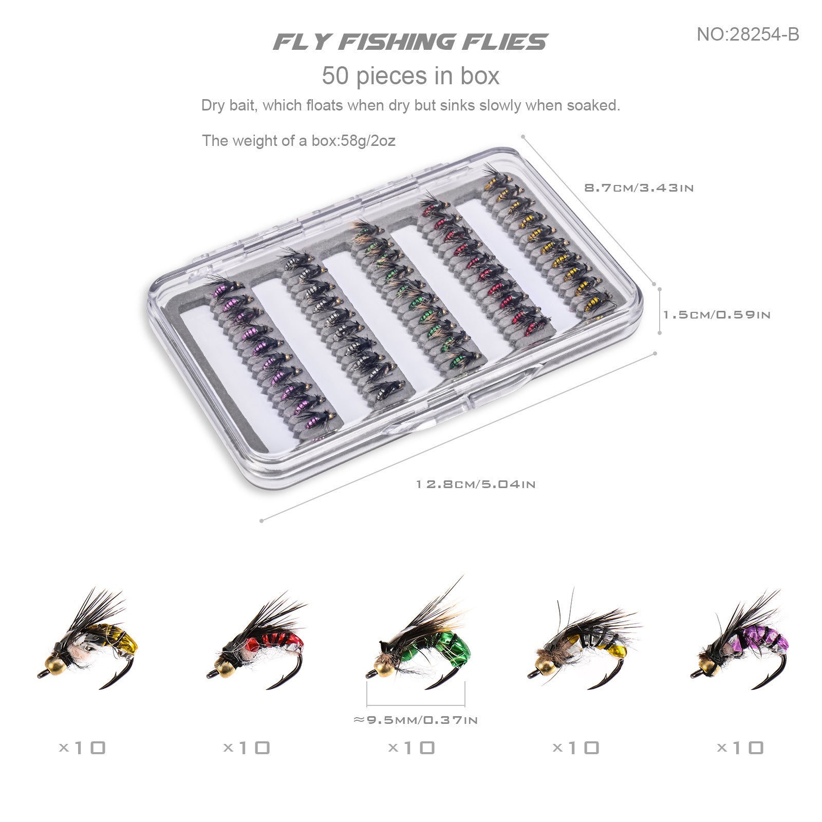 LEO 50Pcs Fly Fishing Flies Kit - 5 Vibrant Colors Hand-Tied Dry/Wet Flies Assortment with Slim Waterproof Fly Box | ZHUSROD