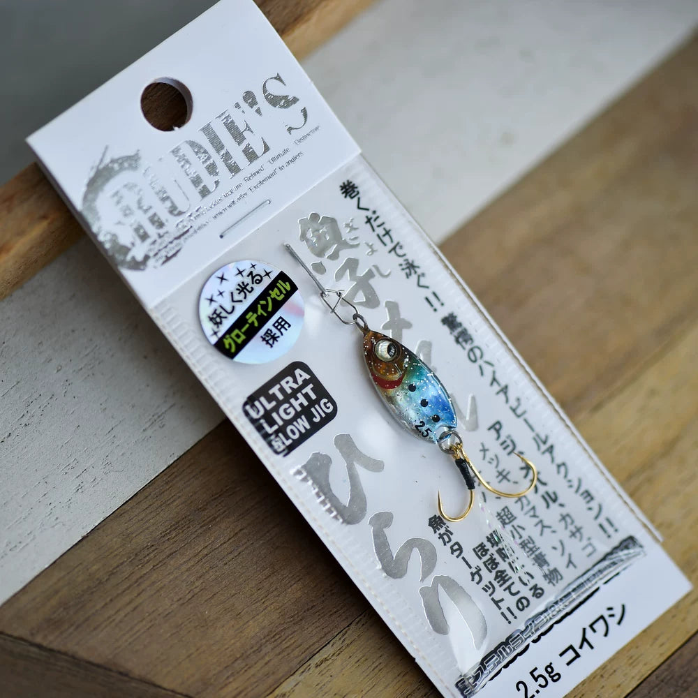 Rudie's Gyoko Metal Hirari Micro Metal Jig - Ultra Light Slow Jigging Lure for Aji, Mebaru, Trout - S-Shape Flutter Action with Glow Tinsel Double Hooks