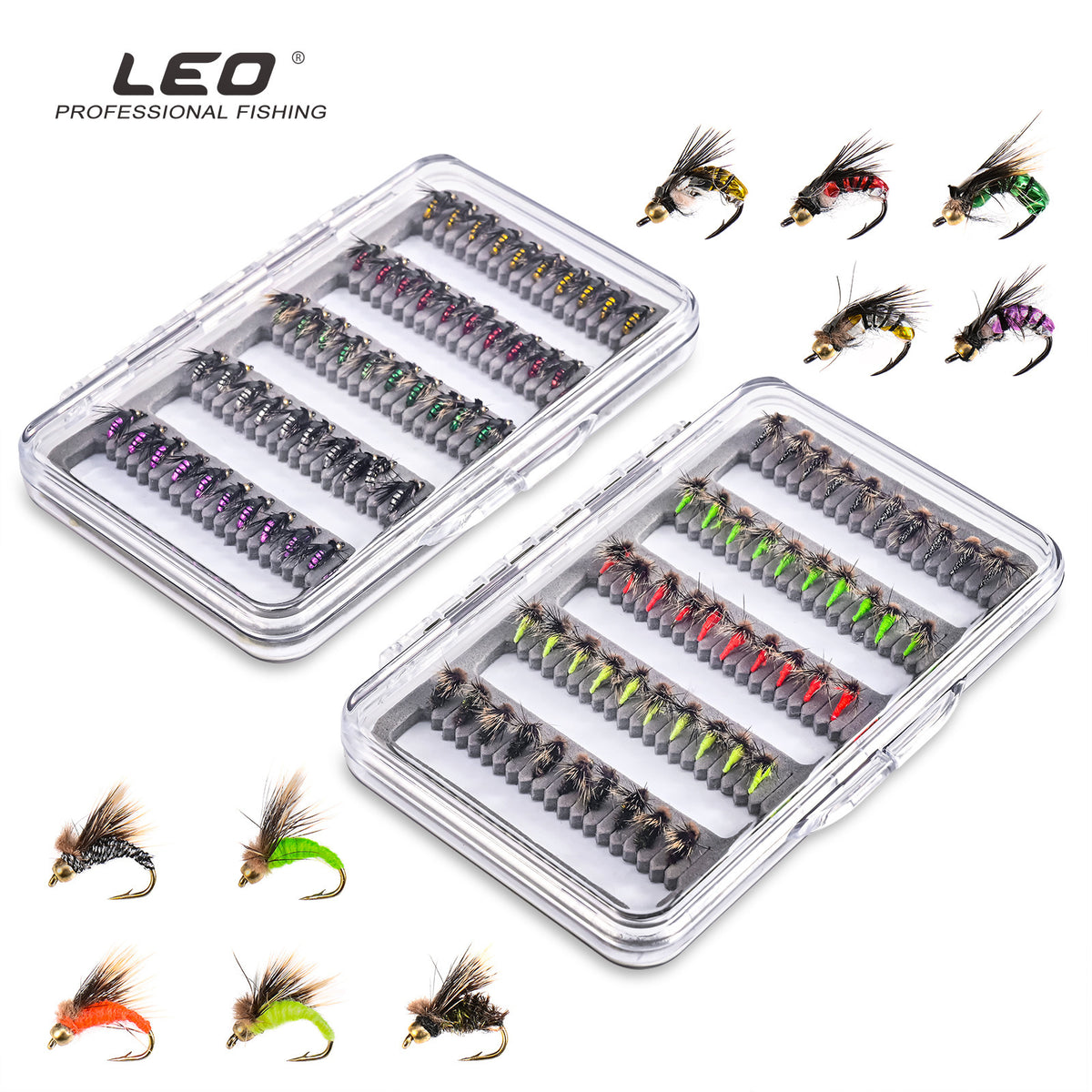 LEO 50Pcs Fly Fishing Flies Kit - 5 Vibrant Colors Hand-Tied Dry/Wet Flies Assortment with Slim Waterproof Fly Box | ZHUSROD Main image