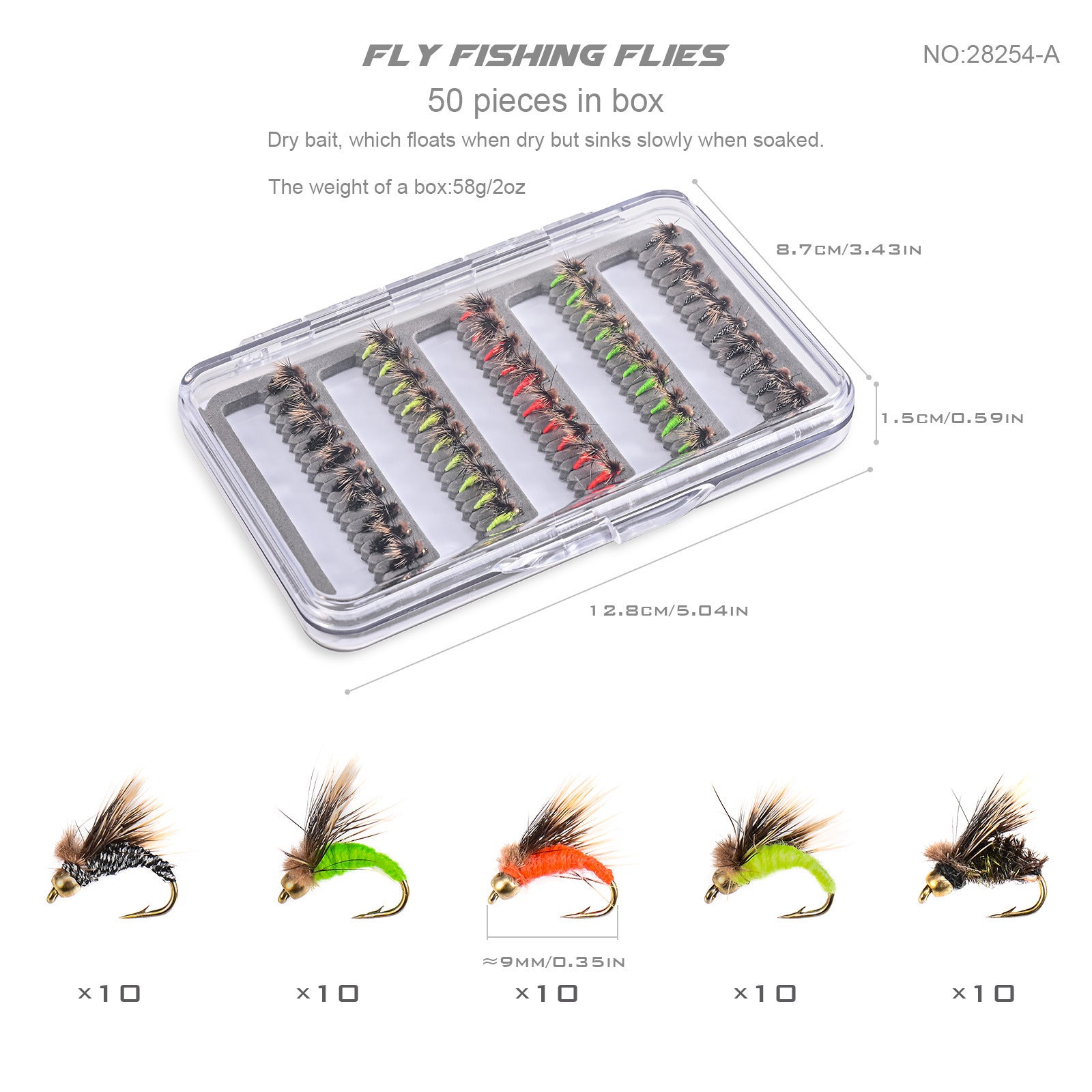 LEO 50Pcs Fly Fishing Flies Kit - 5 Vibrant Colors Hand-Tied Dry/Wet Flies Assortment with Slim Waterproof Fly Box - 9mm/9.5mm Lures for Trout, Bass, Panfish Secondary image