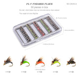 LEO 50Pcs Fly Fishing Flies Kit - 5 Vibrant Colors Hand-Tied Dry/Wet Flies Assortment with Slim Waterproof Fly Box | ZHUSROD