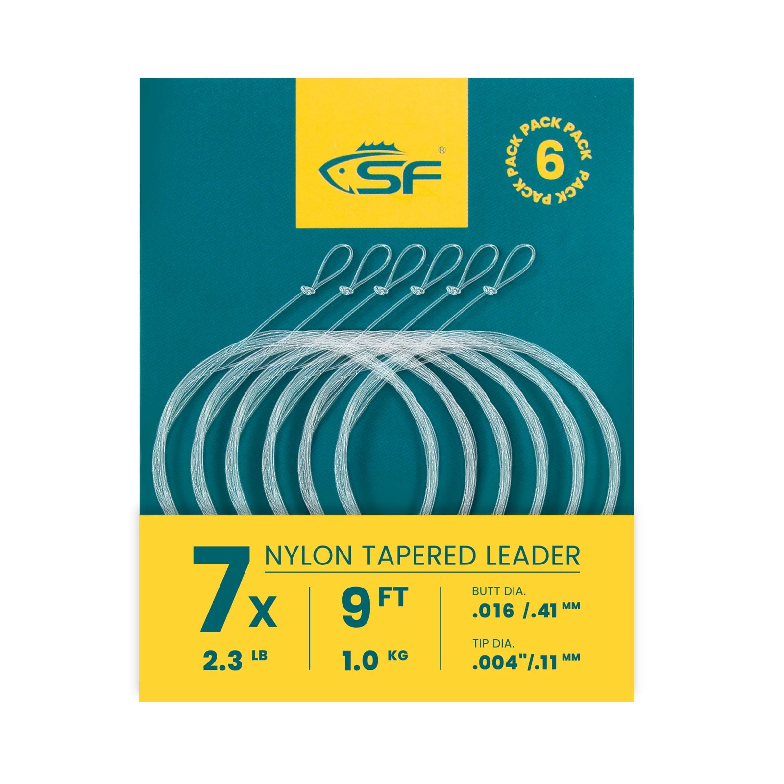 SF 6-Pack Fly Fishing Tapered Leader with Pre-Tied Loop, High Strength Nylon Leader 7.5ft 9ft 12ft, 0X 1X 2X 3X 4X 5X 6X 7X Abrasion Resistant Low Glare