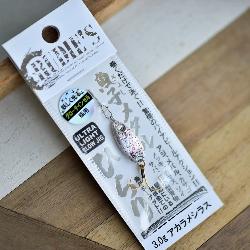 Rudie's Gyoko Metal Hirari Micro Metal Jig - Ultra Light Slow Jigging Lure for Aji, Mebaru, Trout - S-Shape Flutter Action with Glow Tinsel Double Hooks