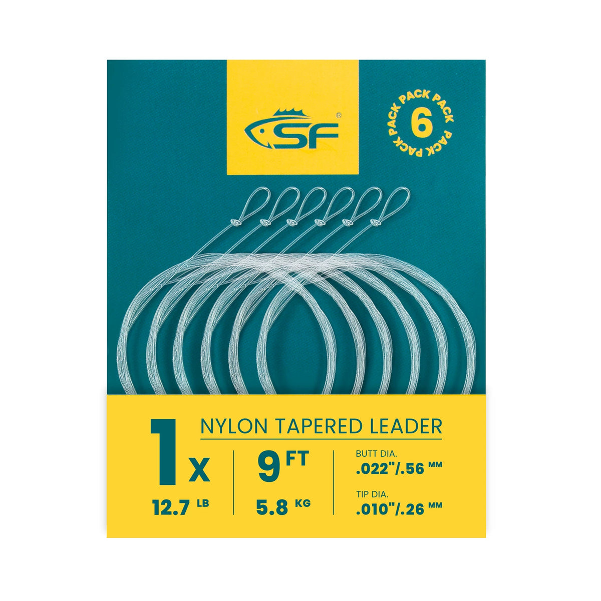 SF 6-Pack Fly Fishing Tapered Leader with Pre-Tied Loop, High Strength Nylon Leader 7.5ft 9ft 12ft, 0X 1X 2X 3X 4X | ZHUSROD