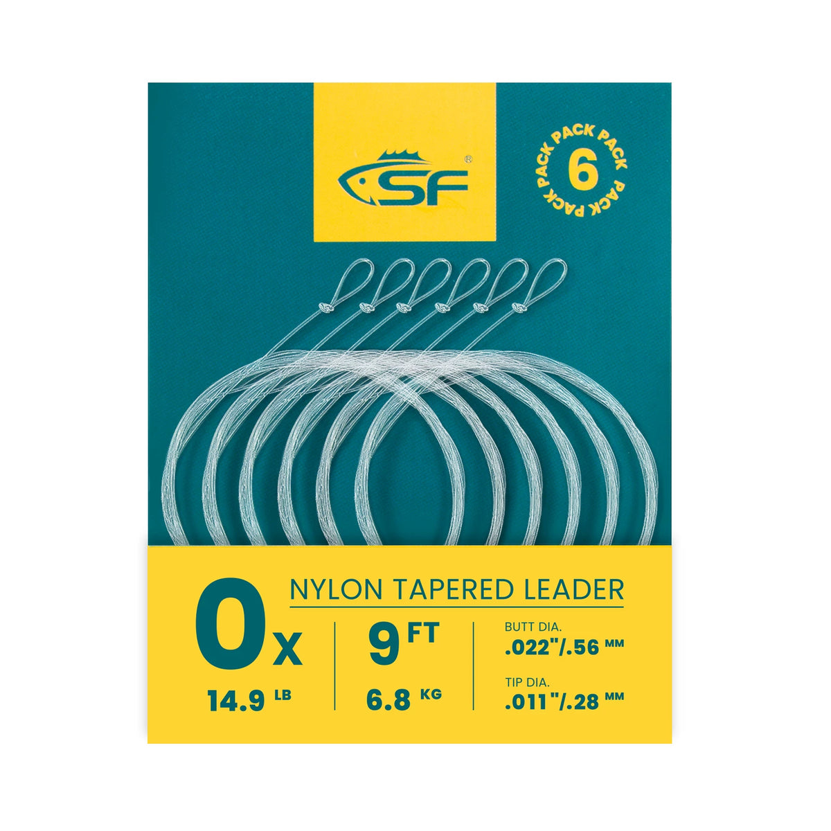 SF 6-Pack Fly Fishing Tapered Leader with Pre-Tied Loop, High Strength Nylon Leader 7.5ft 9ft 12ft, 0X 1X 2X 3X 4X 5X 6X 7X Abrasion Resistant Low Glare