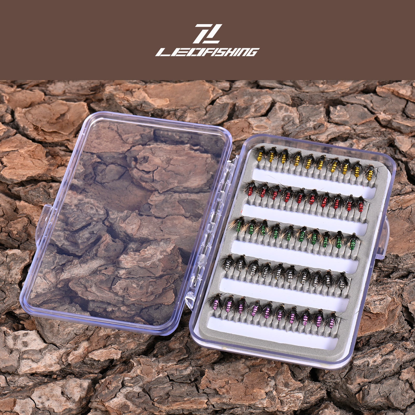 LEO 50Pcs Fly Fishing Flies Kit - 5 Vibrant Colors Hand-Tied Dry/Wet Flies Assortment with Slim Waterproof Fly Box | ZHUSROD