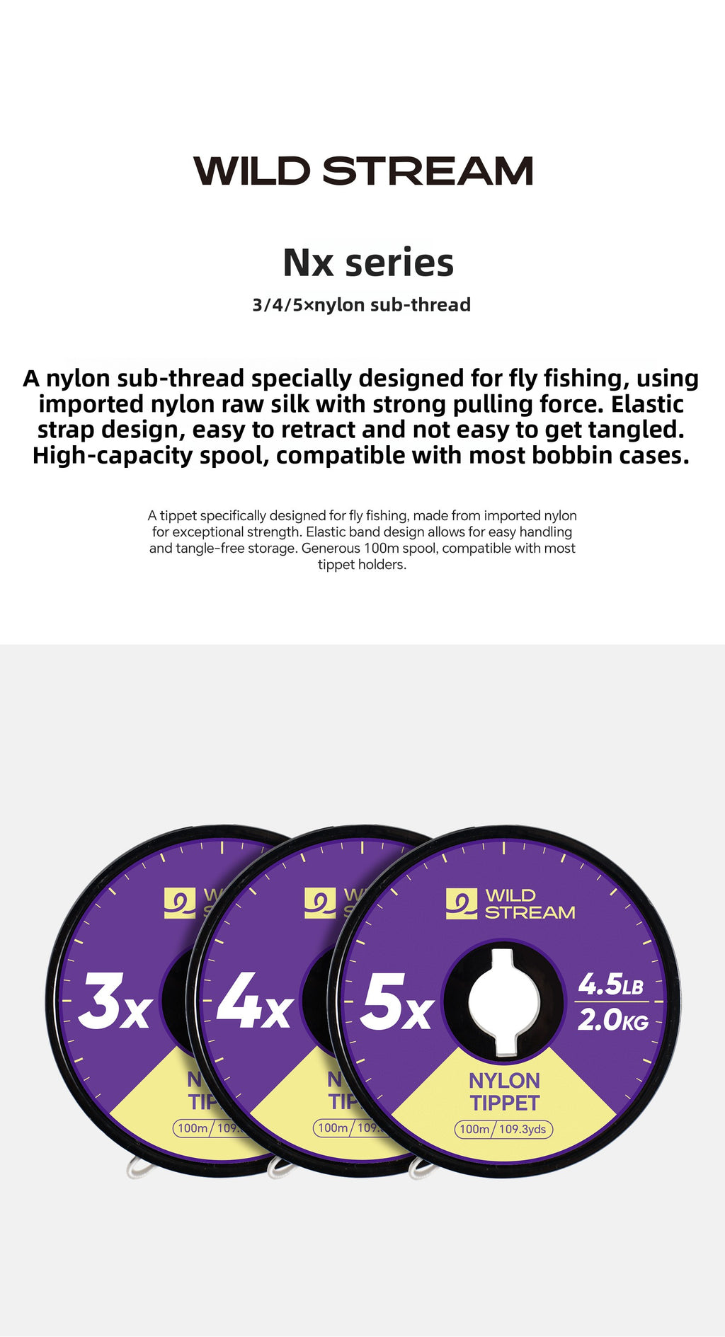 WILD STREAM Nx Series Fly Fishing Tippet - 100m/109.3yds High Strength Nylon Leader Line - Tangle-Free Spool with E | ZHUSROD