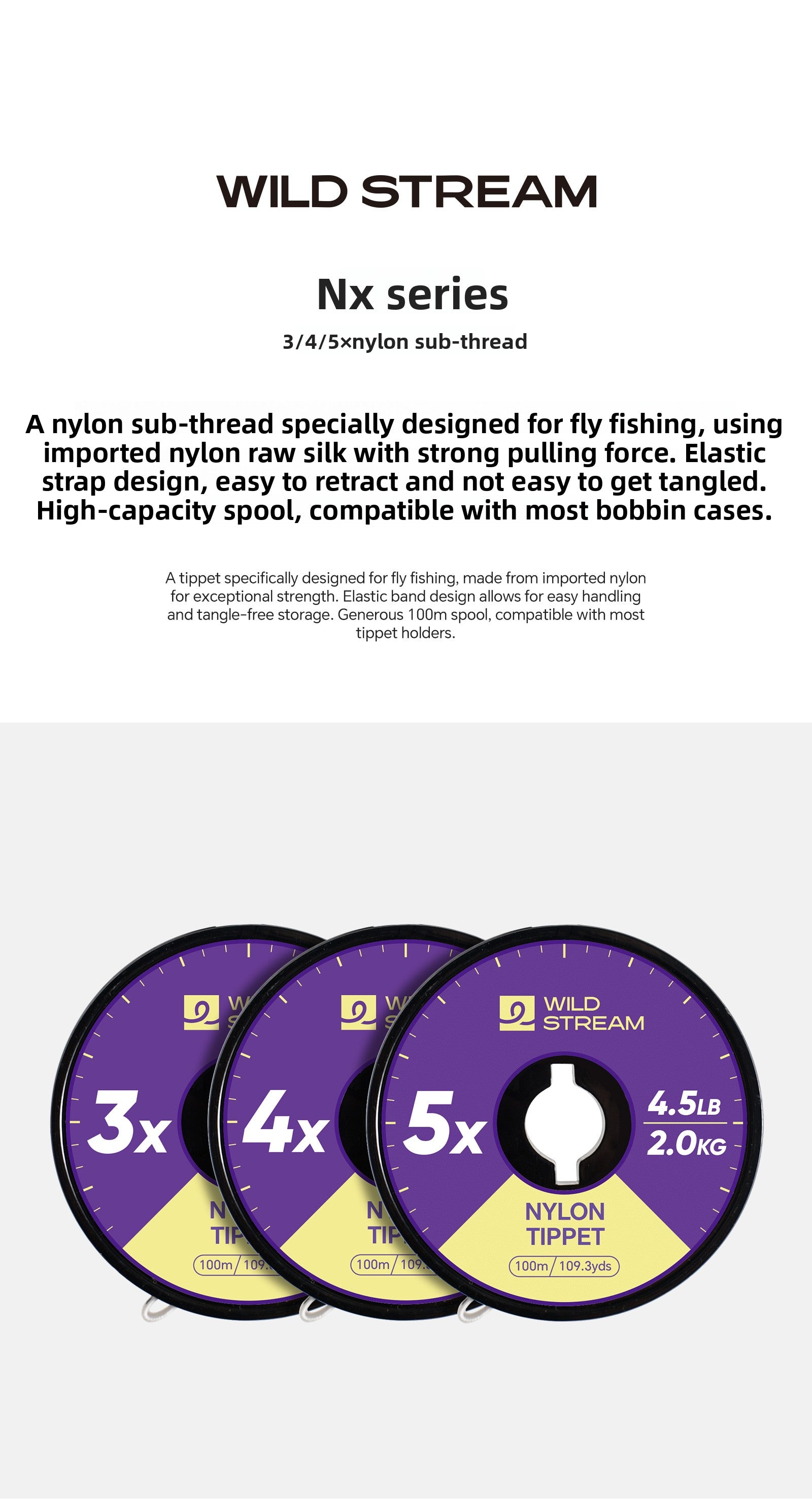 WILD STREAM Nx Series Fly Fishing Tippet - 100m/109.3yds High Strength Nylon Leader Line - Tangle-Free Spool with E | ZHUSROD