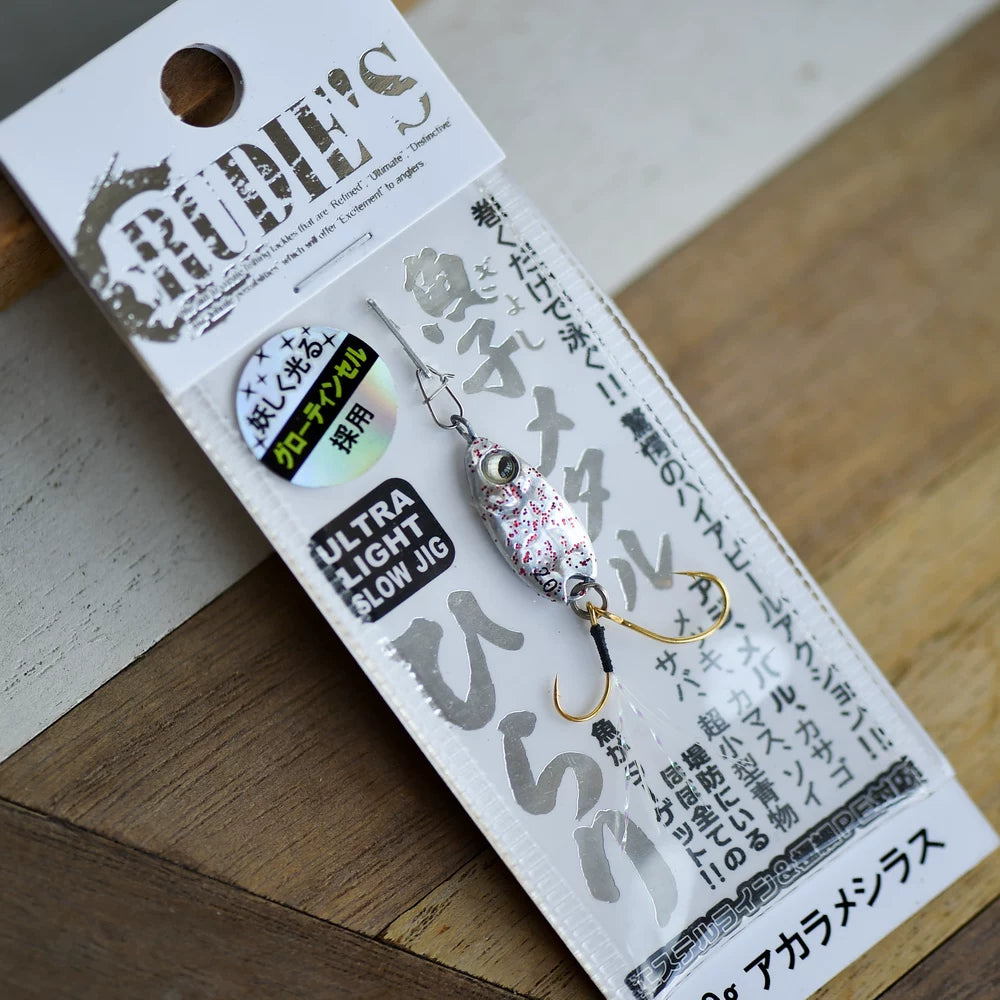 Rudie's Gyoko Metal Hirari Micro Metal Jig - Ultra Light Slow Jigging Lure for Aji, Mebaru, Trout - S-Shape Flutter Action with Glow Tinsel Double Hooks