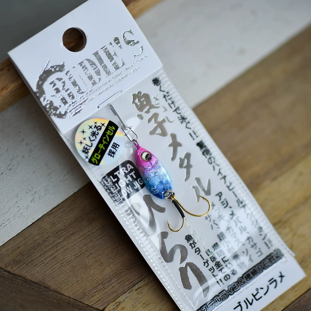 Rudie's Gyoko Metal Hirari Micro Metal Jig - Ultra Light Slow Jigging Lure for Aji, Mebaru, Trout - S-Shape Flutter Action with Glow Tinsel Double Hooks