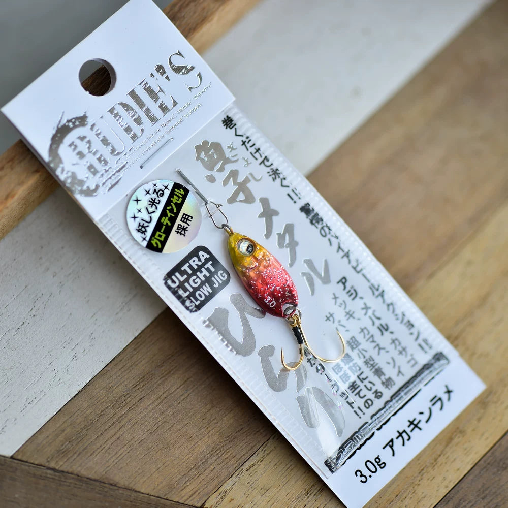 Rudie's Gyoko Metal Hirari Micro Metal Jig - Ultra Light Slow Jigging Lure for Aji, Mebaru, Trout - S-Shape Flutter Action with Glow Tinsel Double Hooks