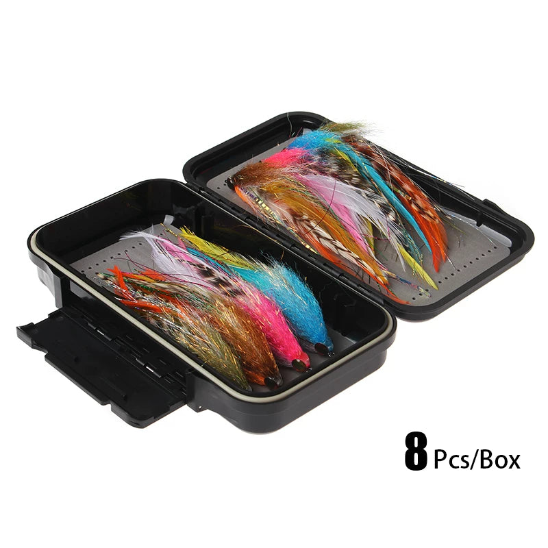 8Pcs Hand-Tied Streamer Fly Fishing Lures Kit, 5.5 Large Fly Flies for Pike Bass Salmon Trout, Realistic 3D Eyes & Flash Tinsel with Waterproof Fly Box