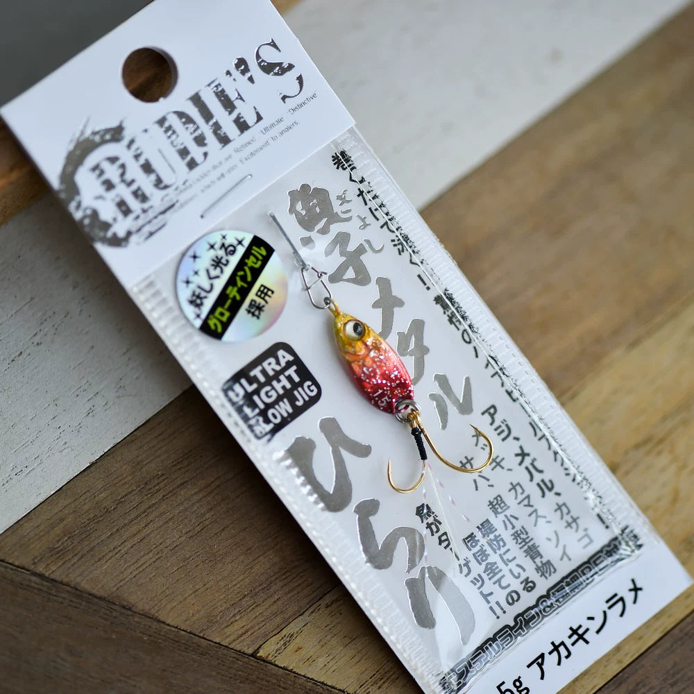 Rudie's Gyoko Metal Hirari Micro Metal Jig - Ultra Light Slow Jigging Lure for Aji, Mebaru, Trout - S-Shape Flutter Action with Glow Tinsel Double Hooks