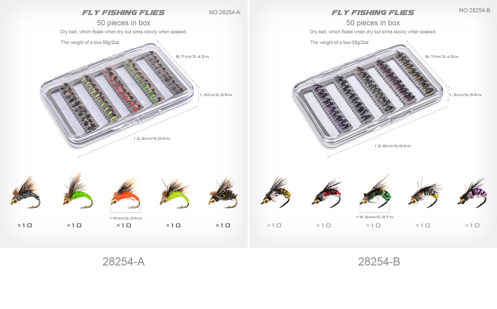 LEO 50Pcs Fly Fishing Flies Kit - 5 Vibrant Colors Hand-Tied Dry/Wet Flies Assortment with Slim Waterproof Fly Box | ZHUSROD