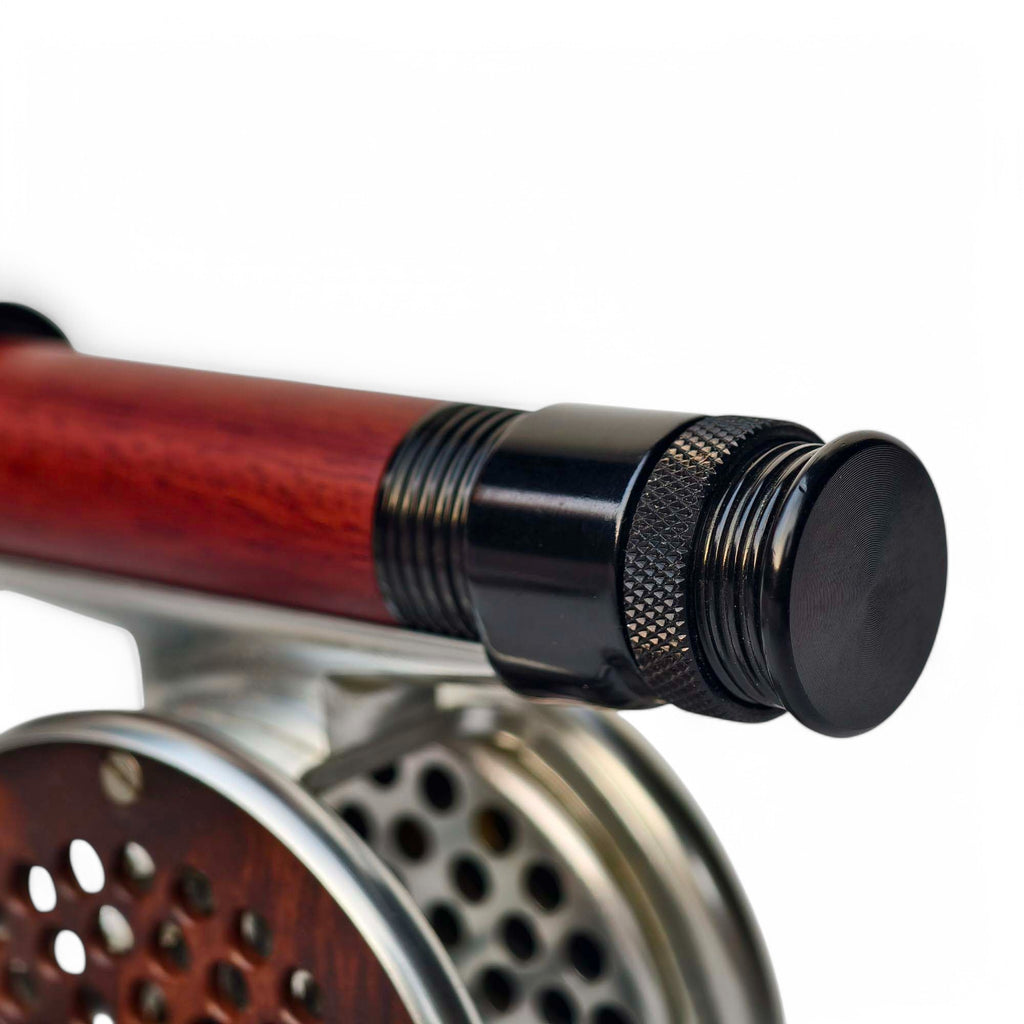- Dark Red Hardwood Fly Reel Seat - Anodized Aluminum Down-Locking Design - 92mm Length - 21g Ultralight - Close-Up | ZHUSROD