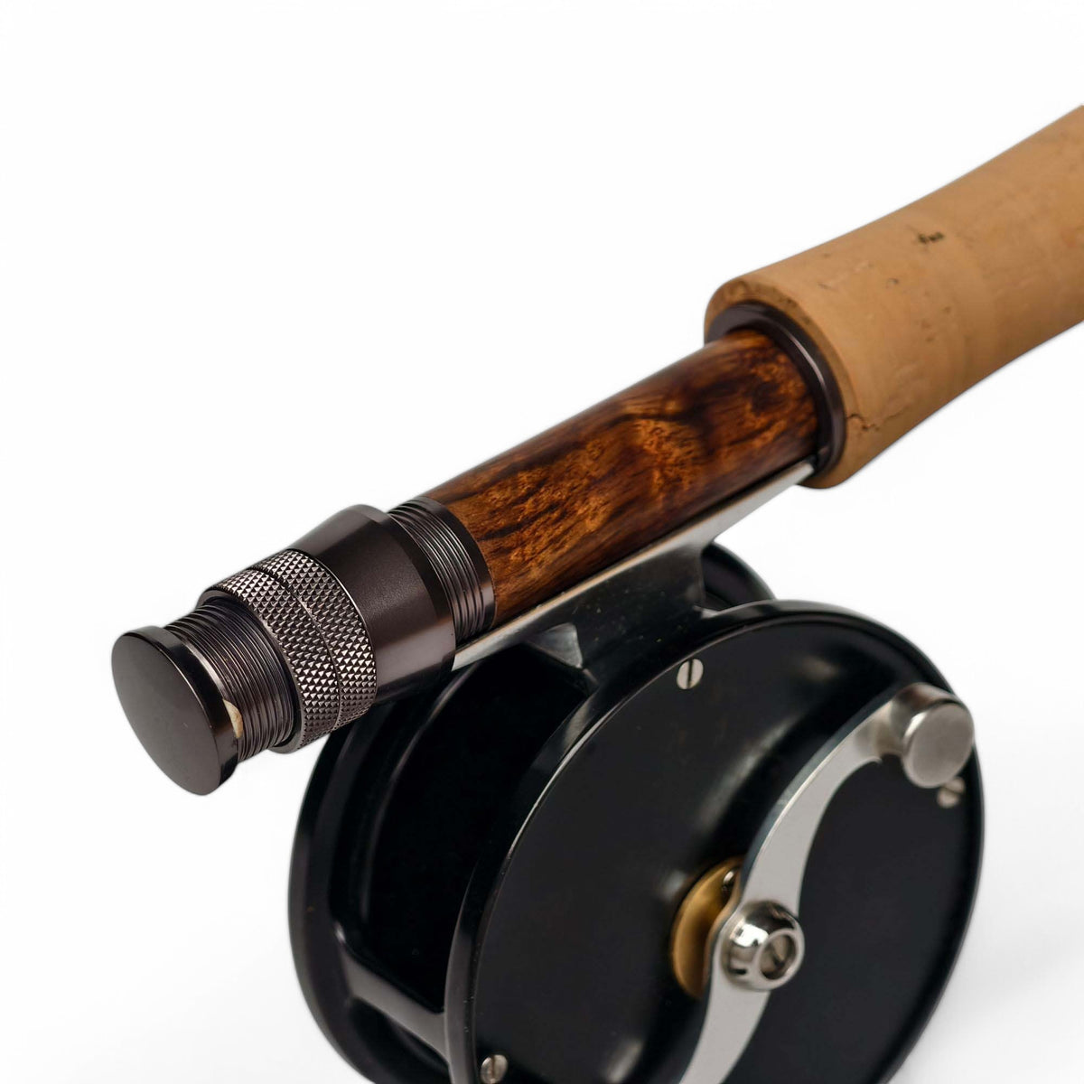 - Wooden Fly Reel Seat - Dark Grey Anodized Aluminum - Double Locking System - 20g Ultralight - Side View | ZHUSROD