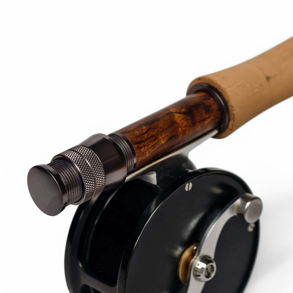 - Wooden Fly Reel Seat - Dark Grey Anodized Aluminum - Double Locking System - 20g Ultralight - Setup View | ZHUSROD