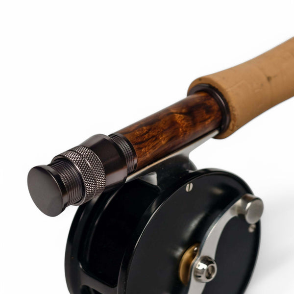 - Wooden Fly Reel Seat - Dark Grey Anodized Aluminum - Double Locking System - 20g Ultralight - Setup View | ZHUSROD